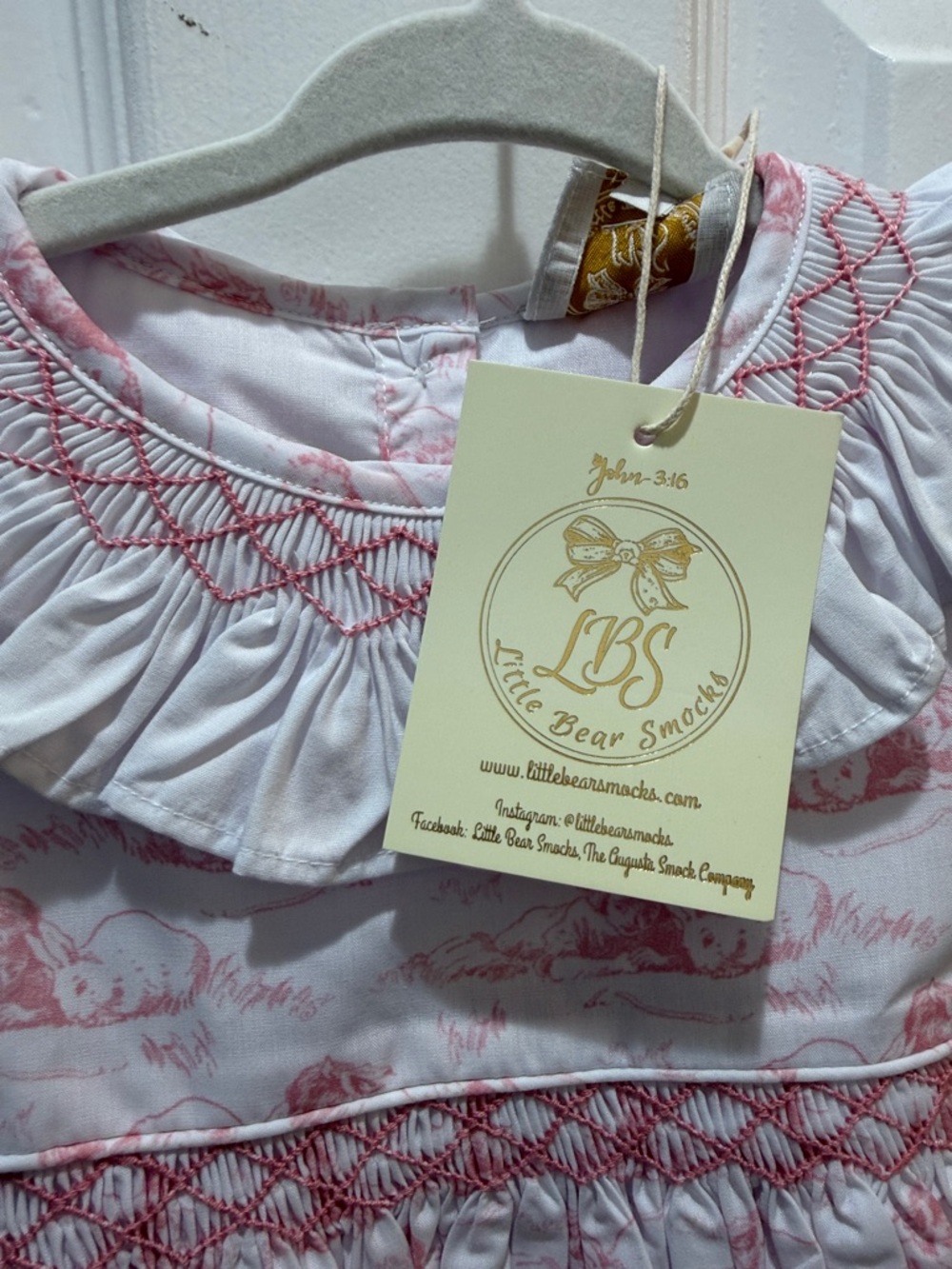 White Romper with Pink Toile Print and Ruffle Collar - Picture 6 of 6
